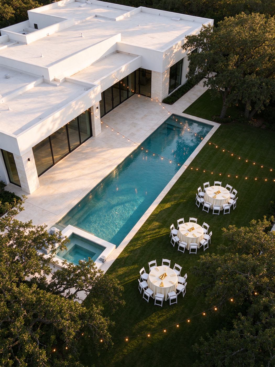 Aerial view of a new home’s backyard at golden hour, tables and chairs set on a clean lawn by the pool