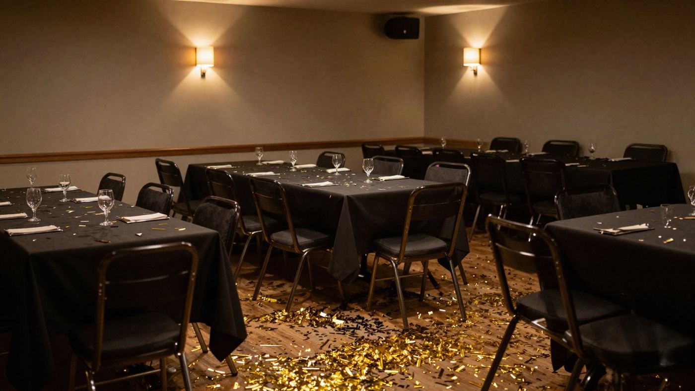 A banquet room after a party, black tablecloths and gold confetti across the floor