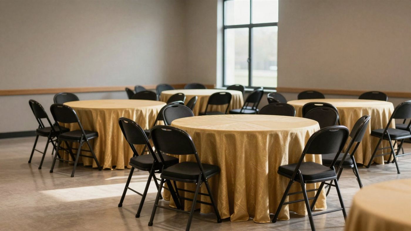 Round tables with gold cloths and black folding chairs set up in an event hall