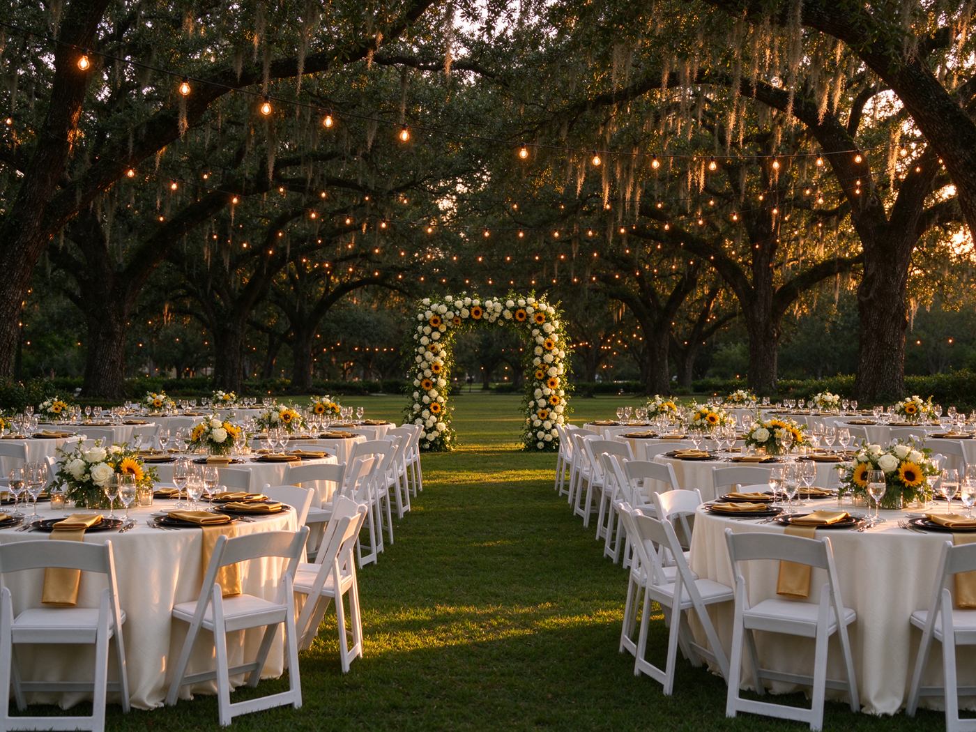 An outdoor wedding reception set under oak trees with white chairs, ivory linens and a floral arch